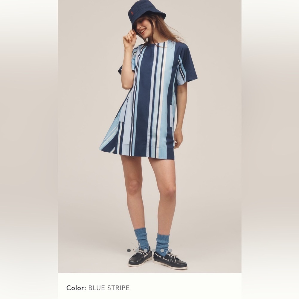 NWT new SP small petite Anthropologie Maeve Emmy swing dress blue stripe pockets